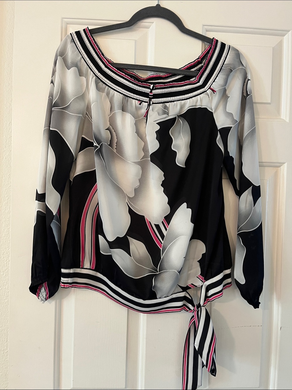 NWOT WHBM off the shoulder Black Floral Tie-Hem top,